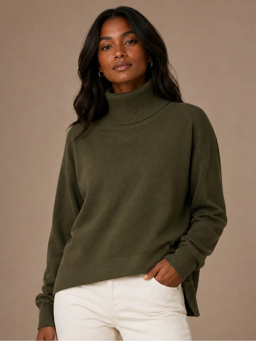 Olive Green Oversized Ribbed Turtleneck Sweater Size L